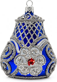 Hand Blown Glass Christmas Bells Ornaments, Royal Blue Embellished 4 in
