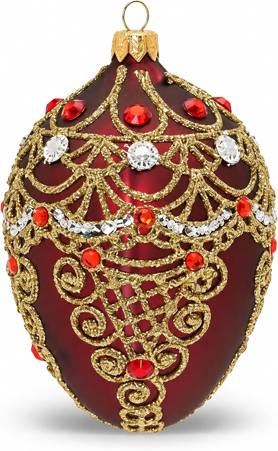 Faberge Egg Hand Blown Glass Christmas Ornaments Balls Burgundy Matte 5 in