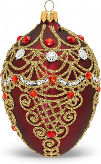 Faberge Egg Hand Blown Glass Christmas Ornaments Balls Burgundy Matte 5 in