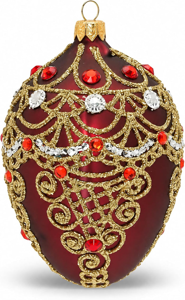 Faberge Egg Hand Blown Glass Christmas Ornaments Balls Burgundy Matte 5 in