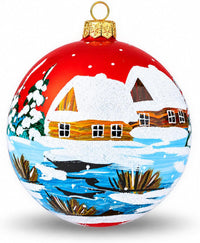 Polish Hand Blown Glass Christmas Ornaments Ball, Cottage Red Blue 5 in