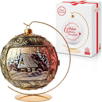 Hand Blown Glass Christmas Ornaments Ball, Copper Gold Scroll 6 in + Stand