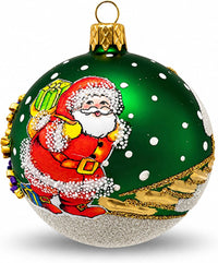 Hand Blown Glass Christmas Ornaments Ball, Santa Claus Green Matte 3 in