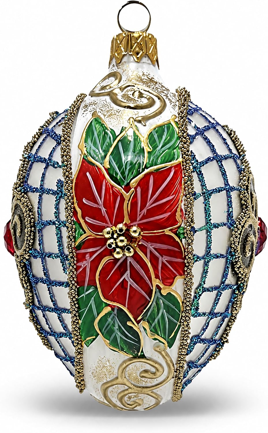 Faberge Egg Hand Blown Glass Christmas Ornaments Balls Chromatic White 5 in