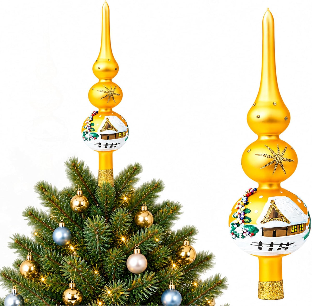 Finial Glass Christmas Vintage Tree Topper, Gold Snowflake 12 in
