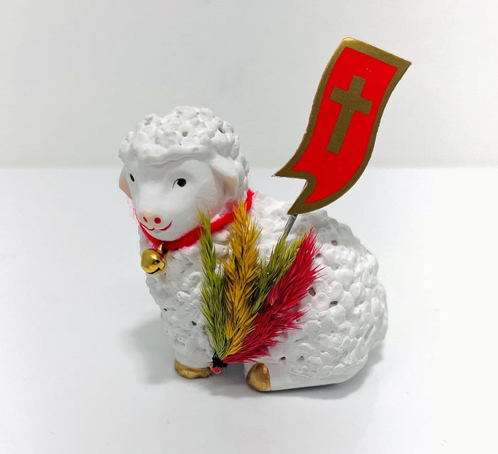 AM Decor Polish Traditional Small Easter Lamb Figurine with Flag and Palm (Baranek Wielkan