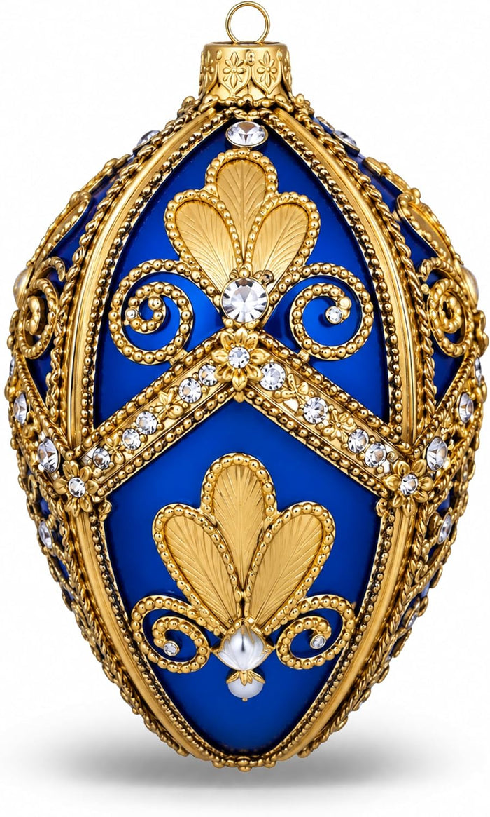 Faberge Egg Hand Blown Glass Christmas Ornaments Balls Sapphire Matte 5 in
