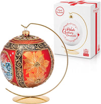 Hand Blown Glass Christmas Ornaments Ball, Blast Red 6 in + Stand