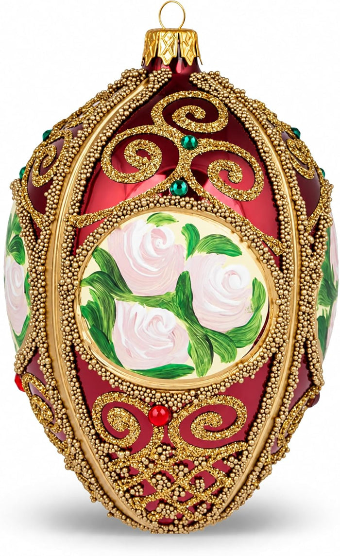 Faberge Egg Hand Blown Glass Christmas Ornaments Balls Burgundy Gloss 5 in