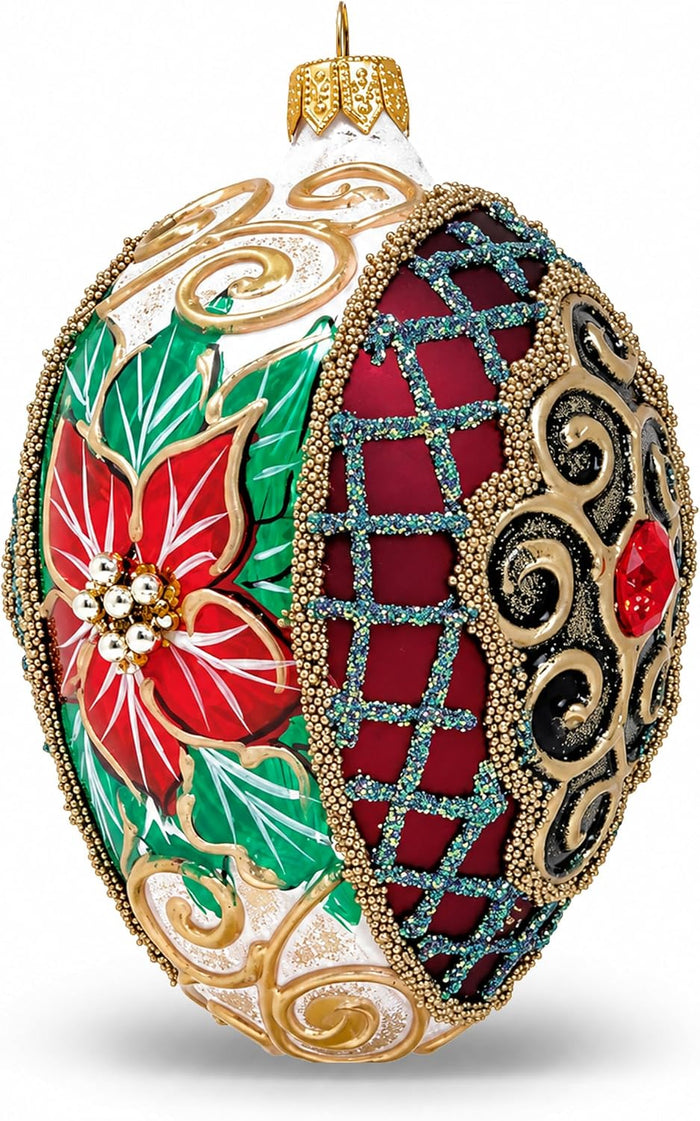 Faberge Egg Hand Blown Glass Christmas Ornaments Balls Burgundy Matte 5 in