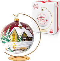 Hand Blown Glass Christmas Ornaments Ball, Cottage Burgundy 6 in + Stand