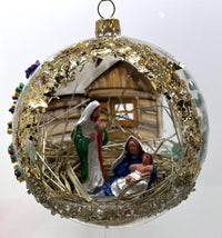Christmas Ornament, Nativity Scene, Glass Ball 5-inch (Cottage Gold Sparkle, 120mm)