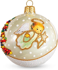 Christmas Ornament, Angel with House and Holiday Tree, Blown Glass Ball 3-inch (Vanilla Go