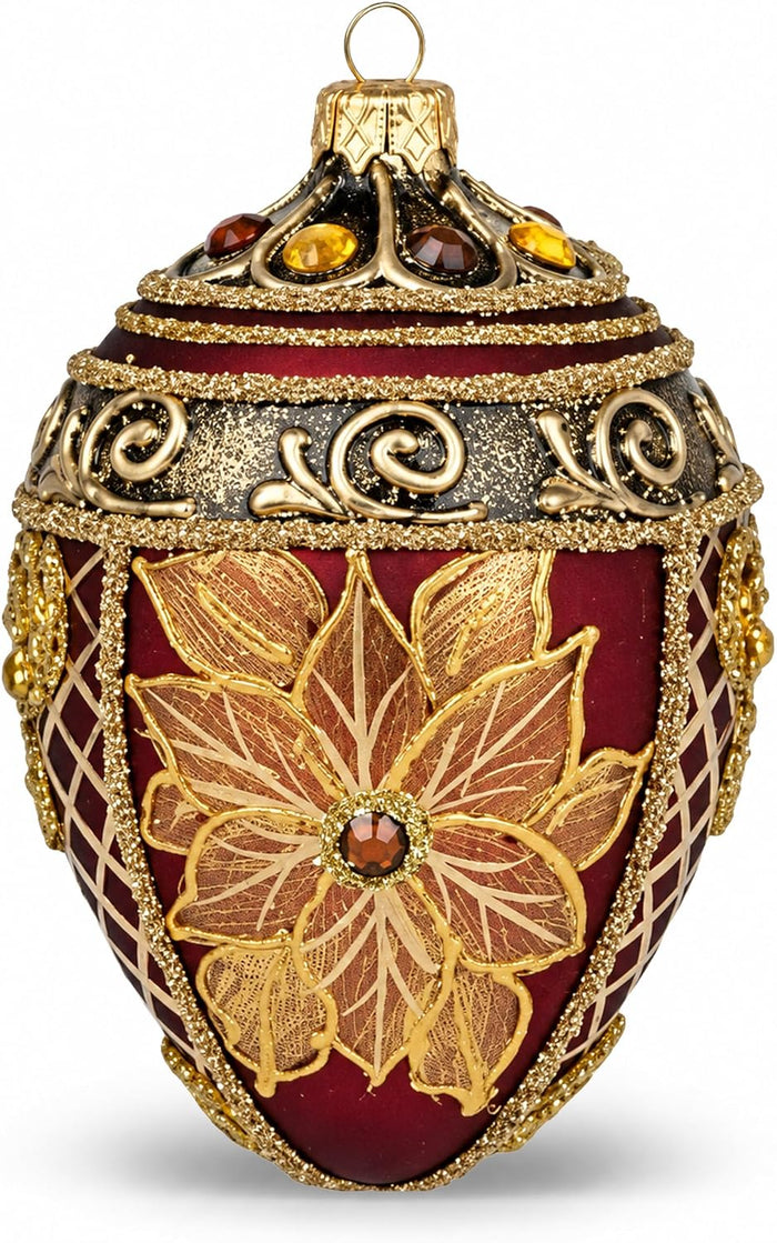 Faberge Egg Hand Blown Glass Christmas Ornaments Balls Burgundy Matte 5 in