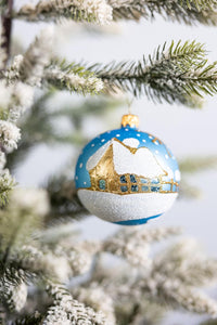 Christmas Ornament, Angel with House and Holiday Tree, Blown Glass Ball 3-inch (Blue) - image 2