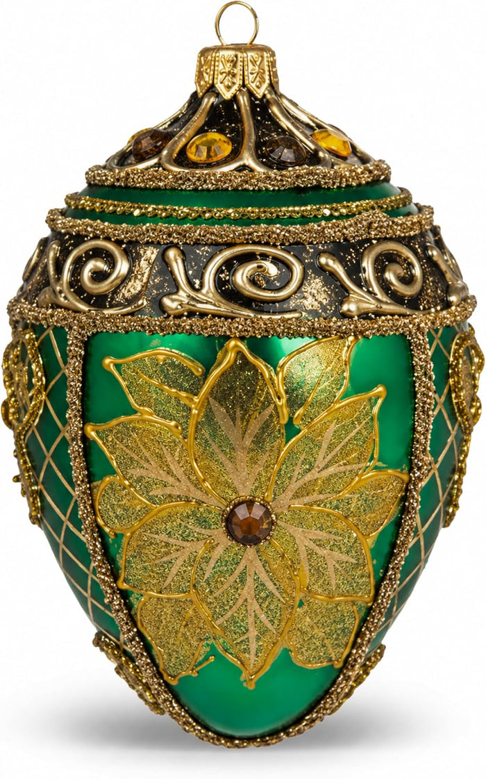 Faberge Egg Hand Blown Glass Christmas Ornaments Balls Green Gloss 5 in