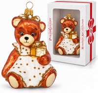 Teddy Glass Christmas Ornaments Balls Hand Blown Bear in White Dress 3.5 in