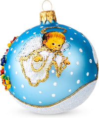 Christmas Ornament, Angel with House and Holiday Tree, Blown Glass Ball 3-inch (Blue)