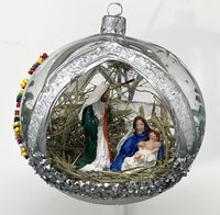 Christmas Ornament, Nativity Scene, Glass Ball 5-inch (Cottage Silver, 120mm)