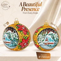 Hand Blown Glass Ball Christmas Ornament, 5 in, Golden Poinsettia Gold - image 2