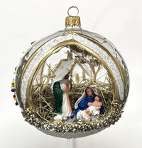 Christmas Ornament, Nativity Scene, Glass Ball 5-inch (Cottage Gold, 120mm)