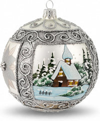 Polish Hand Blown Glass Christmas Ornaments Ball, Winter Charm Silver 5 in