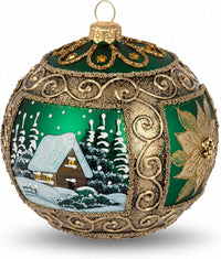 Hand Blown Glass Ball Christmas Ornament, 5 in, Winter Charm Gold Lines