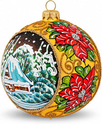 Hand Blown Glass Ball Christmas Ornament, 5 in, Golden Poinsettia Gold