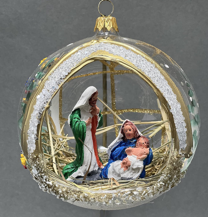 Christmas Ornament, Nativity Scene, Glass Ball 5-inch (Cathedral Window Gold, 120mm)