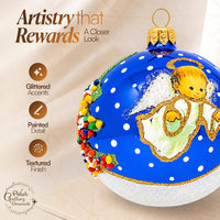 Christmas Ornament, Angel with House and Holiday Tree, Blown Glass Ball 3-inch (Navy Gloss - image 4