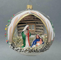 Christmas Ornament, Nativity Scene, Glass Ball 5-inch (Cottage Gold/Brown, 120mm)