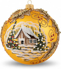 Hand Blown Glass Ball Christmas Ornament, 5 in, Mistletoe Leaves Gold