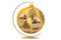 Polish Hand Blown Glass Christmas Ornaments Ball Gold Cottage + Stand