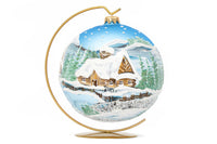 Polish Hand Blown Glass Christmas Ornaments Ball Snowy Cottages + Stand