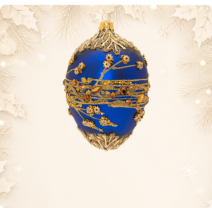 Blue Fabergé style glass egg ornament with a gold band