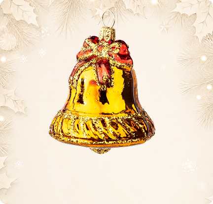 Mini gold glass bell ornament with a red bow